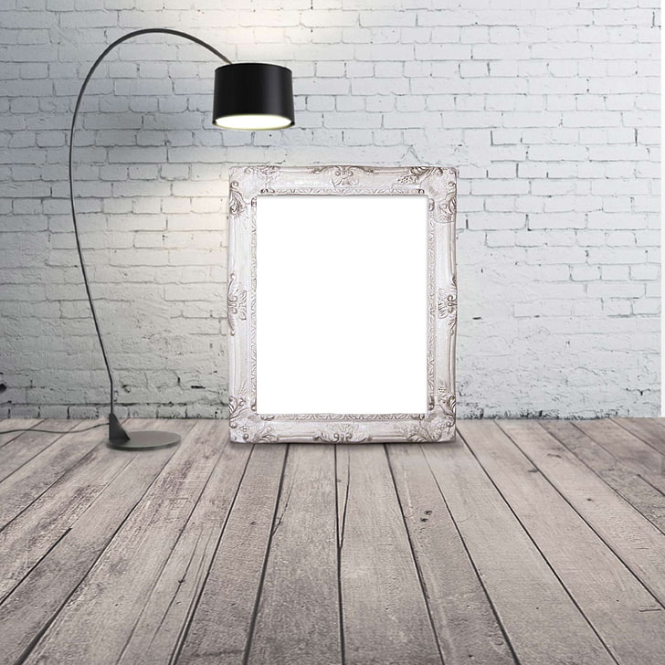 черная лампа, кирпич, рамка, лампа, макет, портрет, потертая шикарная рамка, белая кирпичная стена, деревянный пол, HD обои