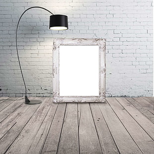 lampada nera, mattone, cornice, lampada, mockup, ritratto, cornice shabby chic, muro di mattoni bianchi, pavimento in legno, Sfondo HD HD wallpaper