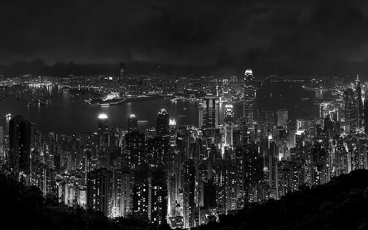 фотография в сива скала на високи сгради, градски пейзаж, HD тапет
