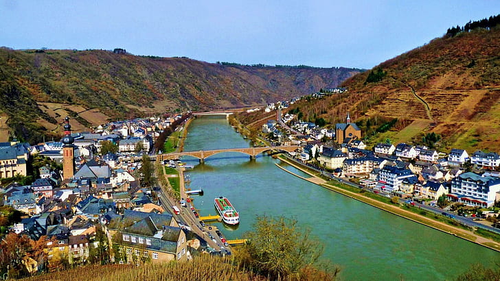A Town On The Rhine In Germany, panama canal, river, town, hills, bridge, nature and landscapes, HD wallpaper
