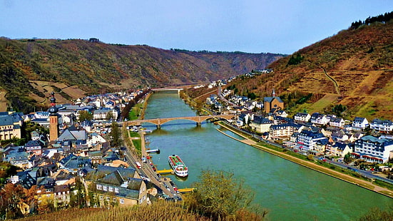 مدينة على نهر الراين في ألمانيا ، قناة بنما ، نهر ، بلدة ، تلال ، جسر ، طبيعة ومناظر طبيعية، خلفية HD HD wallpaper