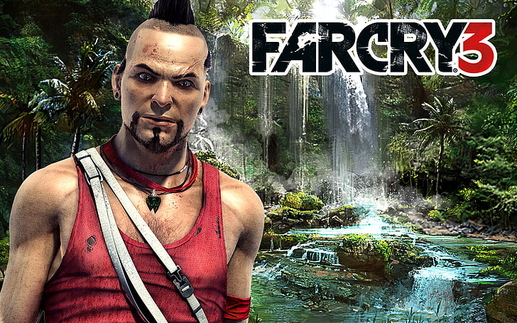Farcry 3 illustration, Water, Look, Waterfall, Stones, Logo, Palm trees, Scar, Medallion, Vaas Montenegro, Far Cry 3, Headband, HD wallpaper
