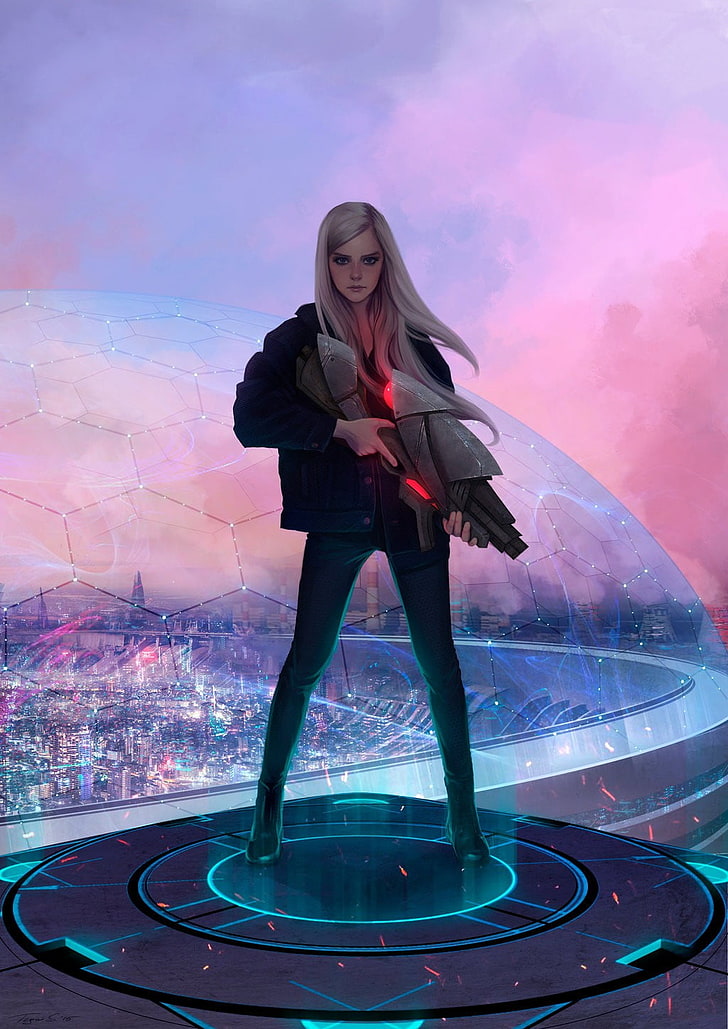 Fortnite امرأة تحمل شخصية بندقية ، خيال علمي ، عمل فني، خلفية HD، خلفية الهاتف
