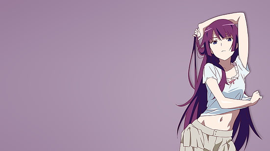 personagem feminina de anime na camisa branca e fundo cinza, anime, Monogatari Series, Senjougahara Hitagi, garotas de anime, olhos azuis, HD papel de parede HD wallpaper