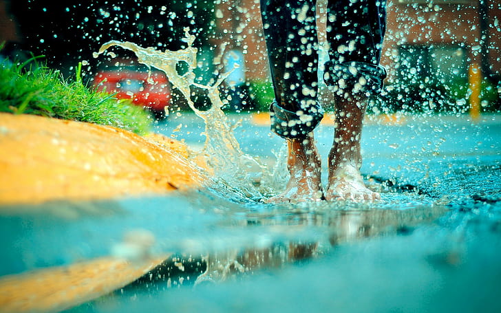 kaki, cipratan, genangan air, bertelanjang kaki, tetesan air, Wallpaper HD