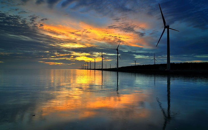 sunset, nature, reflection, wind turbine, HD wallpaper