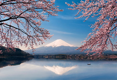 Mt. ฟูจิ, ญี่ปุ่น, น้ำ, ดอกไม้, ทะเลสาบ, เรือ, ฤดูใบไม้ผลิ, ญี่ปุ่น, ซากุระ, ภูเขาไฟฟูจิ, ฟูจิ, วอลล์เปเปอร์ HD HD wallpaper