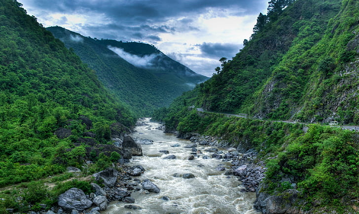 timelapse photography of river surrounded by green leaf trees in between of mountains, Sky is falling, wind, timelapse photography, river, green leaf, trees, in between, mountains, India, foothills, valleys, monsoons, delete, Explore, nature, mountain, landscape, waterfall, outdoors, scenics, water, stream, travel, forest, HD wallpaper