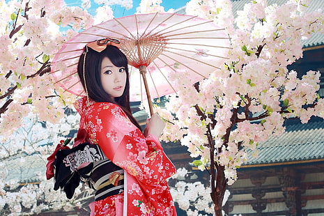 Жени, азиатски, цвят, брюнетка, цвете, момиче, кимоно, модел, традиционна носия, чадър, жена, HD тапет HD wallpaper