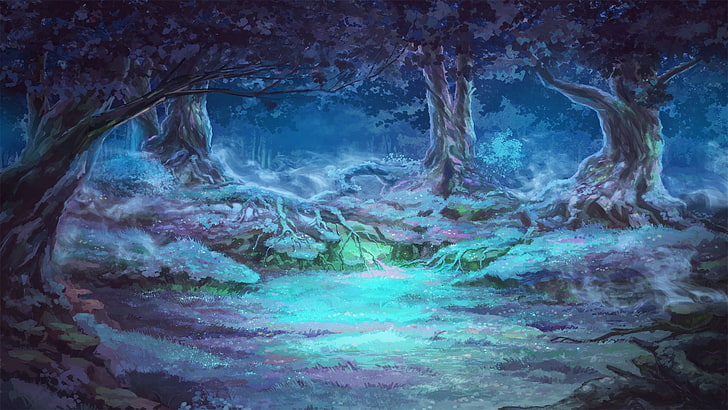 claro del bosque, noche, niebla, verano eterno, Fondo de pantalla HD