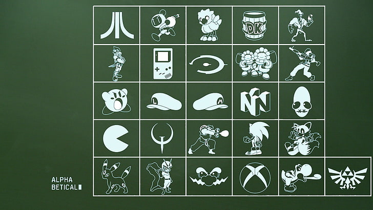 ilustracja logo w różnych kolorach, Atari, bomberman, Chocobo, Donkey Kong, GameBoy, GameBoy Color, Halo, Kirby, Luigi, Super Mario, Mario Bros., Nintendo, Pac-Man, Quake, Sonic, Xbox, Yoshi, Triforce, Wario , The Legend of Zelda, Final Fantasy, gry retro, gry wideo, grafika, Tapety HD