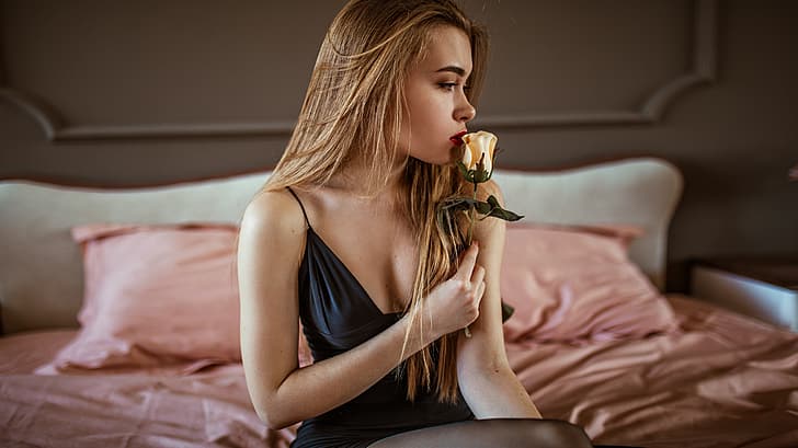 flower, girl, rose, dress, bed, profile, Rus, Olga Kaniskina, HD wallpaper
