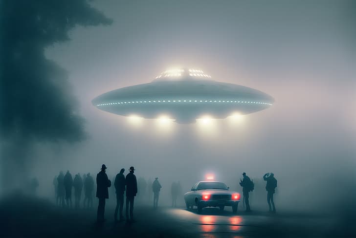 KI-Kunst, Nebel, UFO, fliegende Untertassen, Silhouette, HD-Hintergrundbild