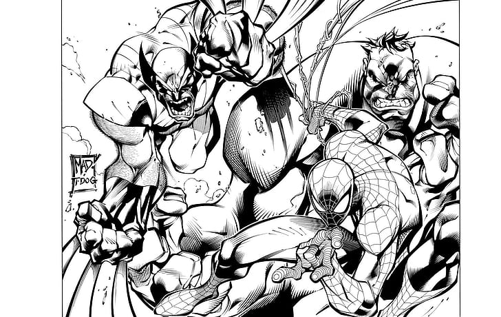 Marvel Comics, Spider-Man, Wolverine, Hulk, งานศิลปะ, ขาวดำ, การ์ตูน, วอลล์เปเปอร์ HD