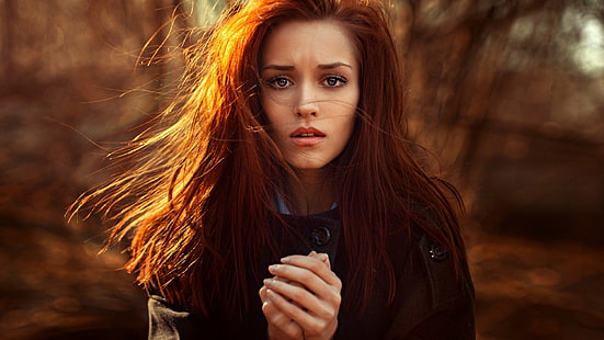 kadın siyah ceket, kadın, Georgy Chernyadyev, kızıl saçlı, mavi gözlü, uzun saçlı, izleyiciye bakıyor, HD masaüstü duvar kağıdı HD wallpaper