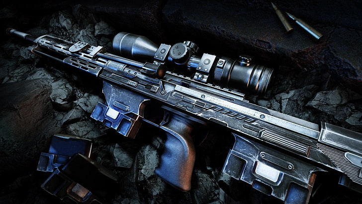 black assault rifle, weapons, guns, cartridges, sniper rifle, Sniper Ghost Warrior 2, DSR-50, HD wallpaper