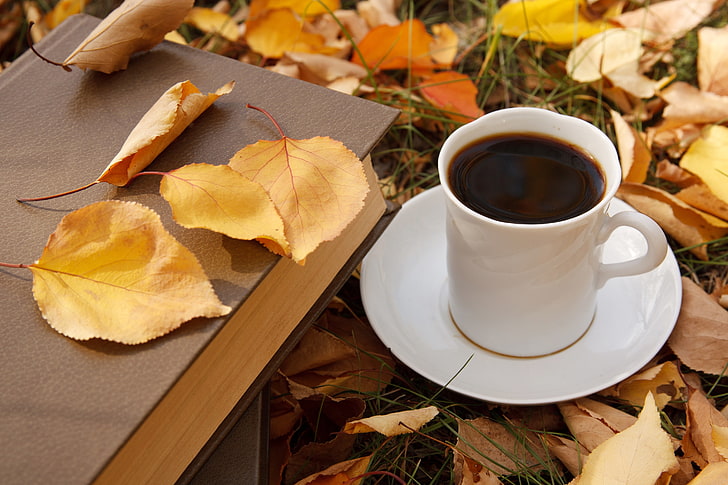 autumn, leaves, coffee, Cup, book, fall, cup of coffee, HD wallpaper