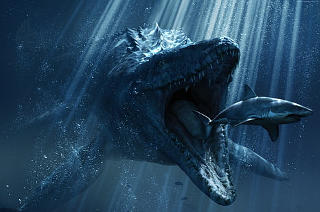 динозавр, фильм, лучшие фильмы 2015 года, мир юрского периода, акула, динозавры, HD обои HD wallpaper