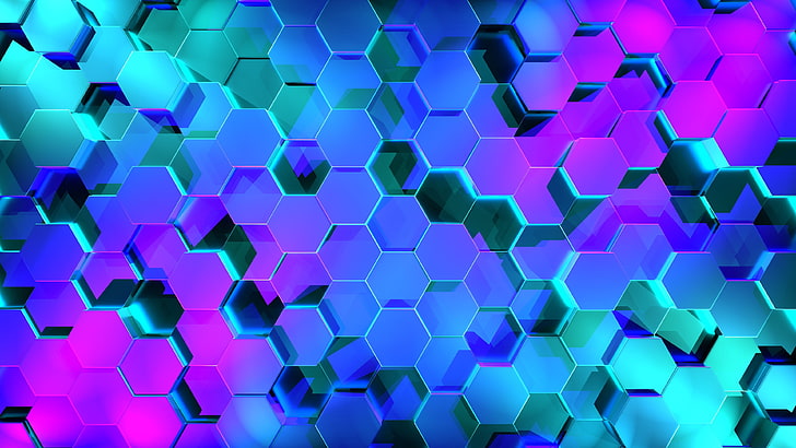 blue and purple illustration, hexagons, rendering, light, shape, HD wallpaper
