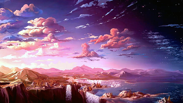 อะนิเมะ, ทิวทัศน์, เมฆ, ภูเขา, ท้องฟ้า, วอลล์เปเปอร์ HD