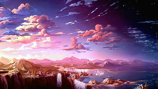 อะนิเมะ, ทิวทัศน์, เมฆ, ภูเขา, ท้องฟ้า, วอลล์เปเปอร์ HD HD wallpaper