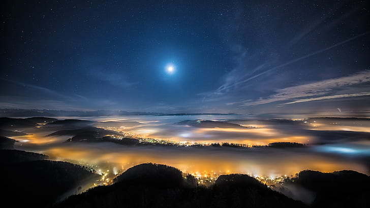 ضوء القمر والمناظر الطبيعية والنجوم والطبيعة والليل، خلفية HD