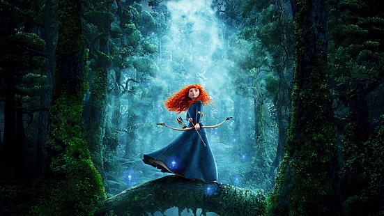 forest, girl, bow, arrow, red, brave, merida, HD wallpaper HD wallpaper
