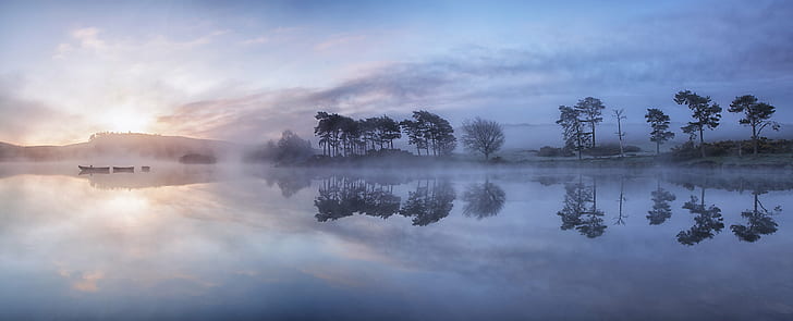 body of water with trees, kilmacolm, scotland, kilmacolm, scotland, Loch, Kilmacolm, Scotland, body of water, trees, renfrewshire, panorama, Reflection, reflections, morning, Dawn, Mist, nature, lake, tree, forest, landscape, water, sunset, scenics, outdoors, sky, tranquil Scene, HD wallpaper