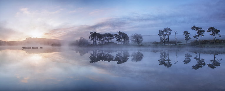 body of water with trees, kilmacolm, scotland, kilmacolm, scotland, Loch, Kilmacolm, Scotland, body of water, trees, renfrewshire, panorama, Reflection, reflections, morning, Dawn, Mist, nature, lake, tree, forest, landscape, water, sunset, scenics, outdoors, sky, tranquil Scene, HD wallpaper HD wallpaper