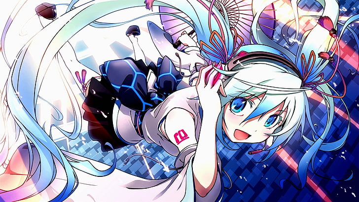 tekstil bunga putih dan biru, Hatsune Miku, Vocaloid, Wallpaper HD