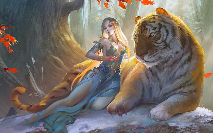 artwork, fantasy art, fantasy girl, women, animals, tiger, big cats, blonde, long hair, dress, HD wallpaper