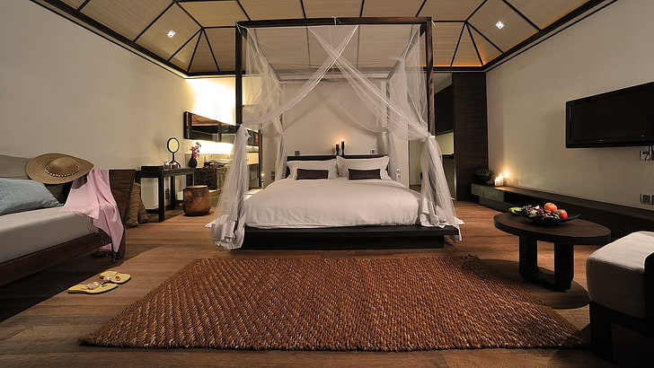 black wooden bed frame, design, interior design, carpet, room, bed, pillows, shale, table, fruit, hat, HD wallpaper