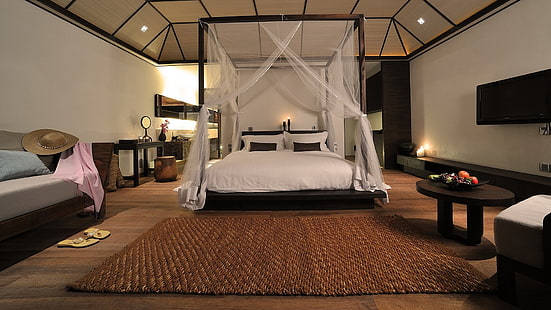 черный деревянный каркас кровати, дизайн, дизайн интерьера, ковролин, комната, кровать, подушки, сланец, стол, фрукты, шапка, HD обои HD wallpaper