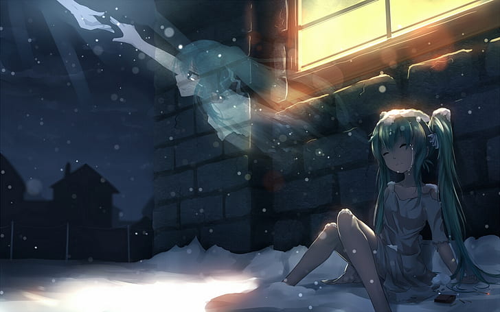winter, girl, light, snow, house, tears, window, art, Ghost, vocaloid, hatsune miku, you, HD wallpaper