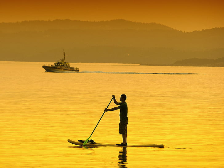 silhouette, photo, homme, kayak, rembourré, coucher de soleil .. Vancouver, île de Vancouver, vague de chaleur, silhouette, photo, homme, kayak, rembourré, dehors, les gens, Fond d'écran HD