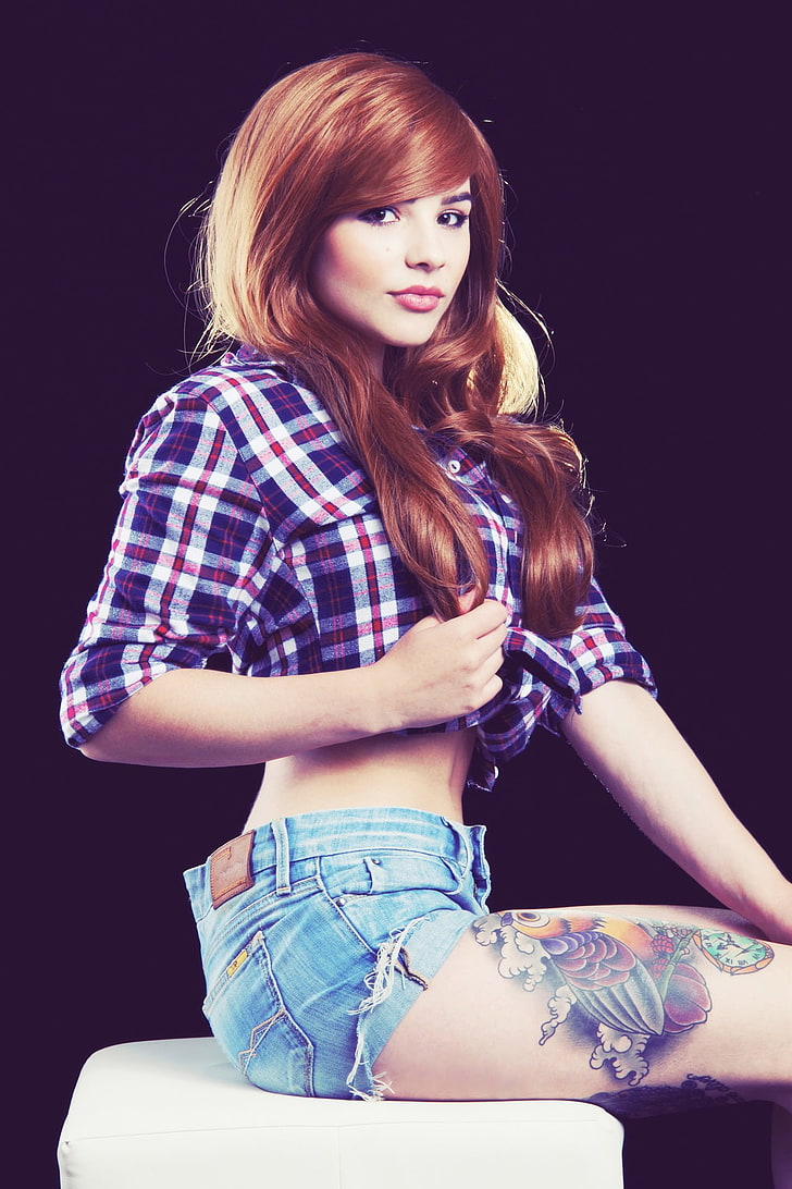 women's purple, red, and white plaid button-up long-sleeved shirt and blue denim short shorts, women, model, redhead, jean shorts, tattoo, HD wallpaper