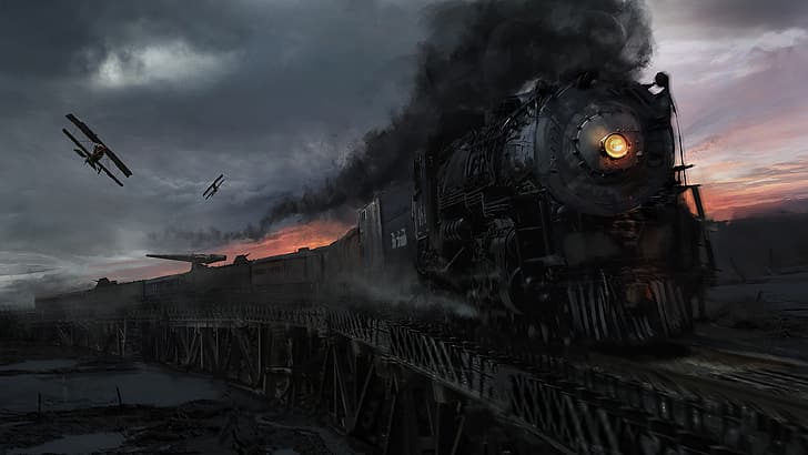 artwork, painting, train, airplane, war, smoke, sunset, bridge, HD wallpaper