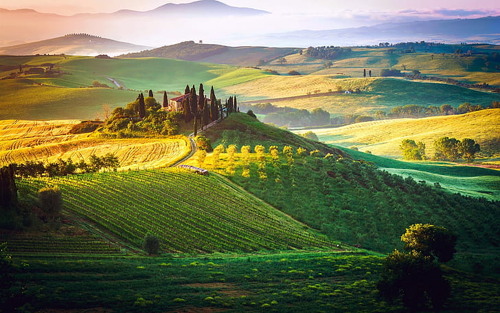 Italy, Tuscany, fog, sky, fields, house, manor, Italy, Tuscany, Fog, Sky, Fields, House, Manor, HD wallpaper