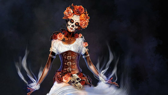 Artistic, Sugar Skull, Corset, Day of the Dead, Fantasy, Girl, Steampunk, HD wallpaper HD wallpaper