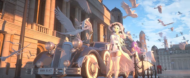 anime girls, Azur Lane, Illustrious (Azur Lane), Unicorn (Azur Lane), sunlight, car, dress, sky, birds, thigh-highs, panties, building, digital art, white socks, HD wallpaper