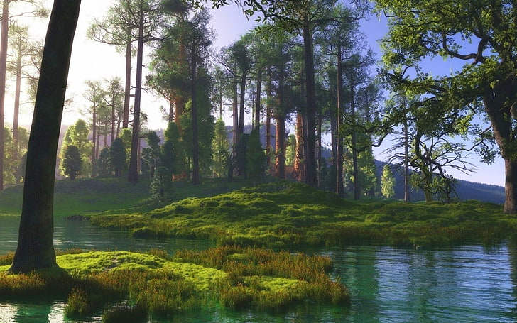 zielone i białe drzewa w pobliżu zbiornika wodnego malarstwo, przyroda, krajobraz, drzewa, rzeka, trawa, zieleń, spokój, światło słoneczne, Tapety HD
