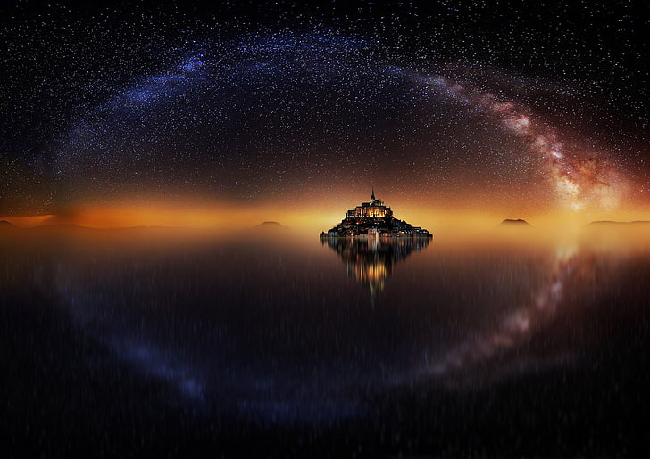 the sky, water, stars, reflection, night, France, island, fortress, the milky way, Mont-Saint-Michel, the mountain of the Archangel Michael, HD wallpaper