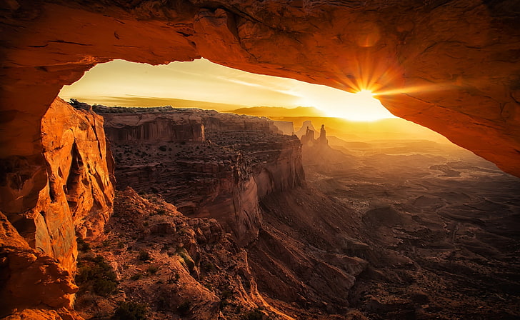 Canyonlands Cave Sunset, brown canyon, Nature, Desert, HD wallpaper