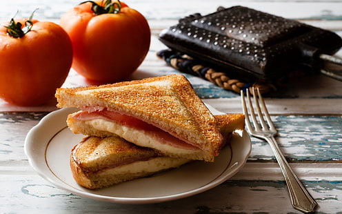 fourchette en acier inoxydable, nourriture, sandwichs, tomates, Fond d'écran HD HD wallpaper