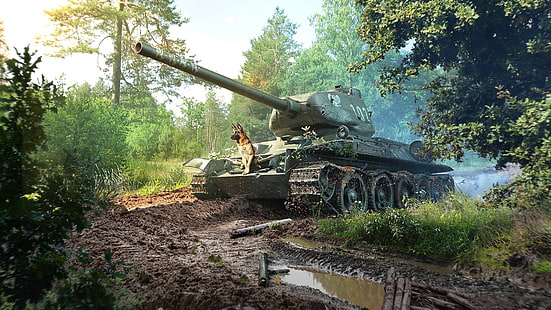 T-34-85, Т-34-85 Rudy, 4 대의 유조선과 개, 어린 시절 기억, HD 배경 화면 HD wallpaper