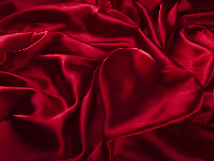 textil de seda roja, corazón, textura, seda, tela, rojo, pliegues, satén, Fondo de pantalla HD