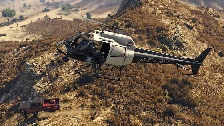 elicottero della polizia in bianco e nero, Grand Theft Auto V, videogiochi, Sfondo HD