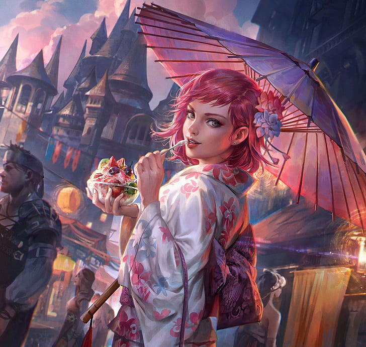 seni digital, rambut merah muda, payung, gadis fantasi, ilustrasi, Jeremy Chong, buah, makanan, kastil, Wallpaper HD