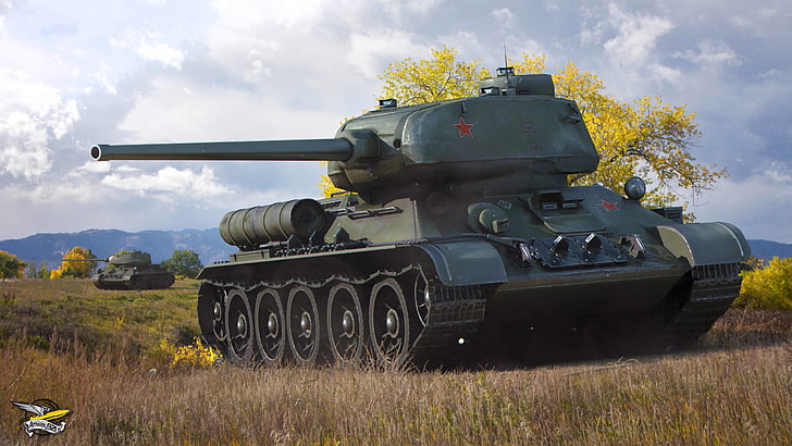 grå militär tank illustration, fält, höst, gräs, träd, tank, Sovjetunionen, sovjet, genomsnitt, World of Tanks, T-34-85, HD tapet