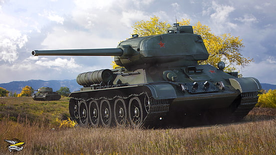 серый военный танк, иллюстрация, поле, осень, трава, деревья, танк, СССР, советский, средний, World of Tanks, Т-34-85, HD обои HD wallpaper